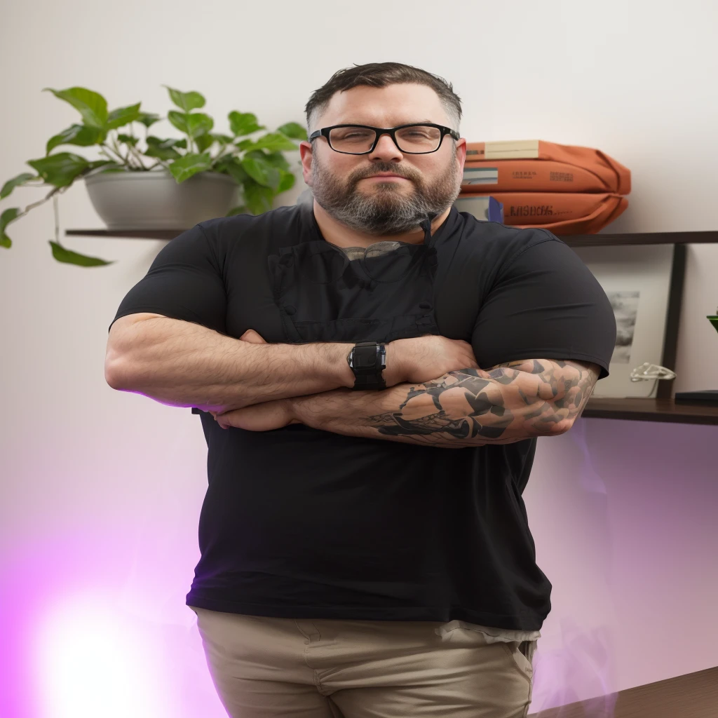 there is a man with a beard and glasses standing in front of a shelf, stocky, full body photo of steve, mid shot portrait, filmed on sony a 7 iii, detailed portrayal, designer-chef Greg Rutkowski, adam varga, arms crossed on the chest, Serpentina do Twitch / gamer ludwig, tirada com canon 5d mk4, Shot with Sony Alpha