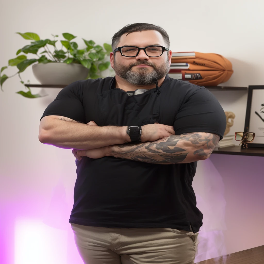 there is a man with a beard and glasses standing in front of a shelf, stocky, full body photo of steve, mid shot portrait, filmed on sony a 7 iii, detailed portrayal, designer-chef Greg Rutkowski, adam varga, arms crossed on the chest, Serpentina do Twitch / gamer ludwig, tirada com canon 5d mk4, Shot with Sony Alpha