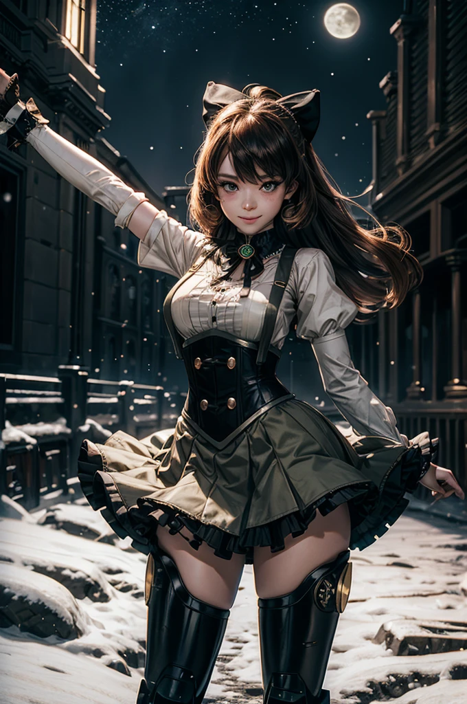 cowboy shot, (dynamic pose), smile, underbust, Penny Polendina, long hair, neck ribbon, suspender skirt, corset, black bow, white blouse, mechanical legs, neon trim, standing, in planetarium, spectators, crowd, BREAK night, stars, moon, snow, BREAK (volumetric lighting), intricate details, tonemapping, sharp focus, hyper detailed