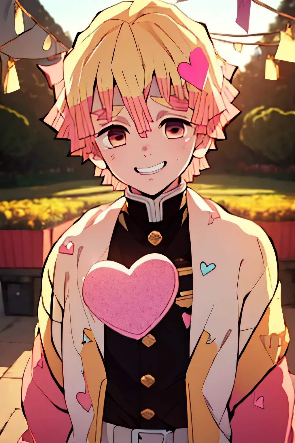 boy , HAIR GOLD, pink hearts floating , heart shaped eyes , Grinning 