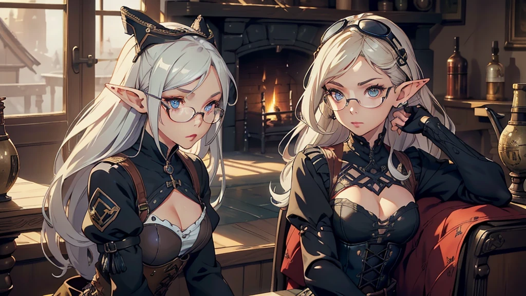 masterpiece, Best quality:1.2), One, 1 girl, l2rvelf, inexpressive, Looking at the viewer, pointed ears, Dark Crystal броня, skirt, life, split, Lineage 2,, Beautiful Japanese anime style..,extremely detailed eyes and face, masterpiece, high quality, 1_woman, ((upper body)), (Sitting), Sitting in chair, Sitting at table, (Exotic skin_complexion:1.4), mature, Looking away from the viewer, high, Beautiful, Exotic, with long elf ears, long hair, silver hair, detailed face, having diamond-shaped eyes, Blue eyes, (Dark_Eyeliner), long_medium eyelashes_bust, wear a steampunk corset, chest window, (brown shorts), intersecting belts, (glasses on head), long fingerless_gloves, belts with metal gears, black knee socks with embroidery, knee-high boots with laces, dynamic lighting creates detailed shadows, inside the village tavern, Fireplace in the background,
