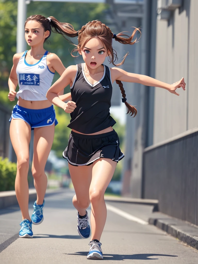 Highest quality、High resolution、Detailed Background、(Beautiful face in every detail:1.4)、Anatomically correct、(Detailed facial expressions)、(fine grain:1.2), shoot from below:1.5, Teenage Beauty、Cute hair color、Braided Ponytail、Braided bob cut、Braided twin tails、Lower grade primary school students, (Tank top、Ｖneck、mini skirt、Cute Shoes)、Perfect body line、(Running for his life:1.5、Sprinting:1.5)、(I have tears in my eyes:1.5、Screaming and looking like she&#39;s about to cry)、The wind flows、Cloud flow、Light flow、