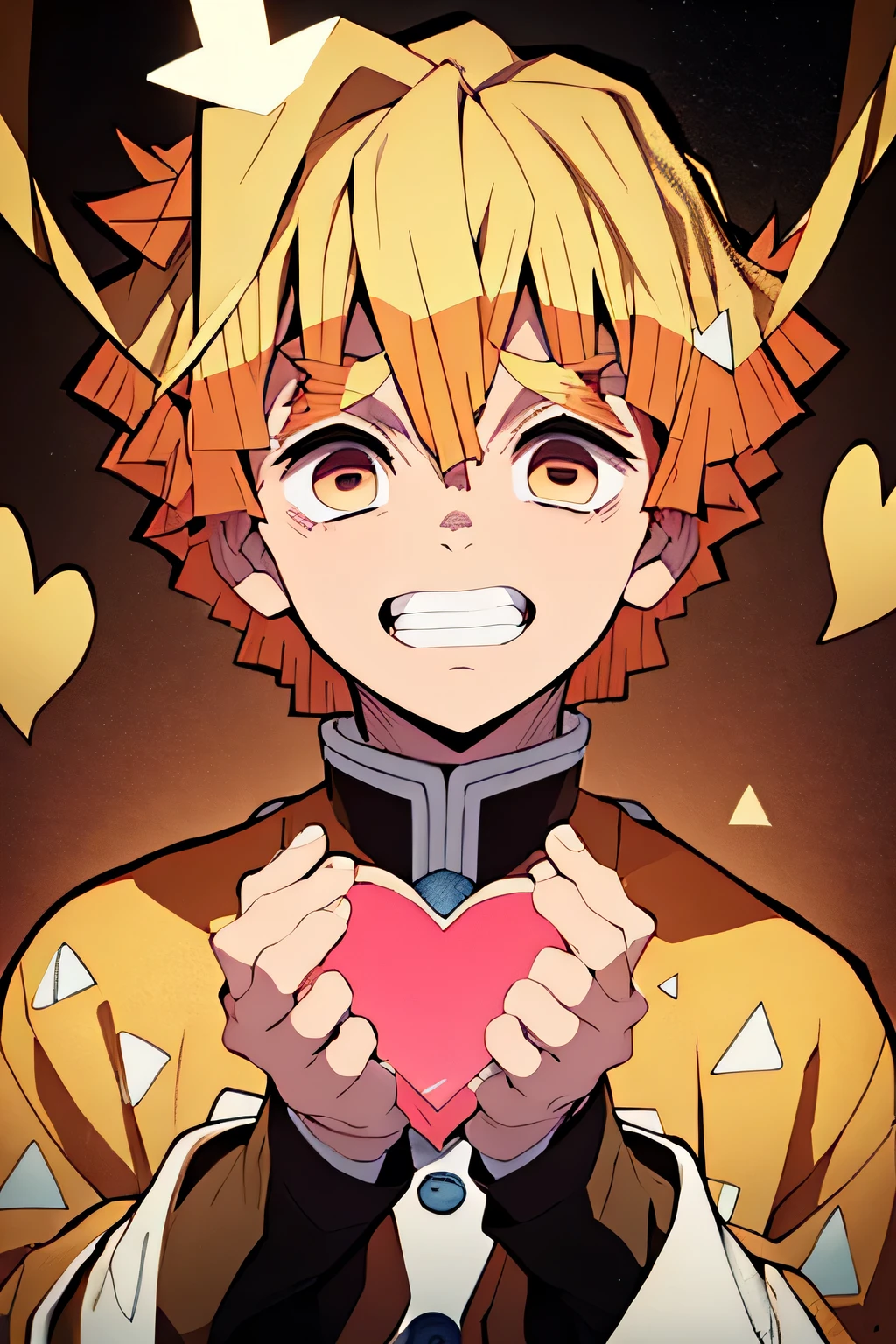 boy , HAIR GOLD, Floating hearts , heart shaped eyes , Grinning 