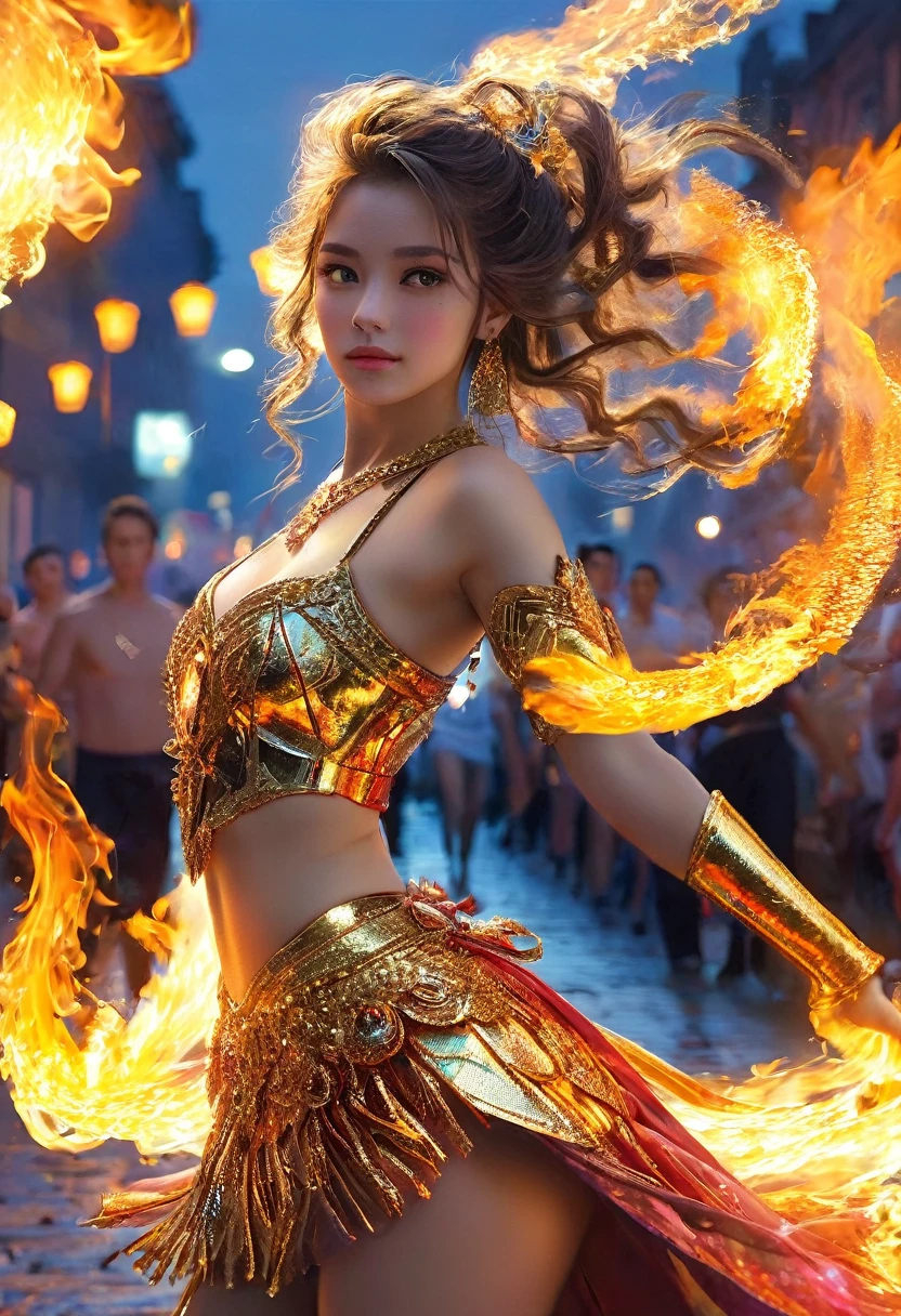 The most exotic and spectacular performance is prepared by beautiful fakir girls and all sorts of “masters” of fire. These days, it’s especially fascinating to walk around the city at night and watch fire performances, street games with fire and discos filled with the light of burning torches. masterpiece, very good sharpness, colorful picture, in golden, sunny tones