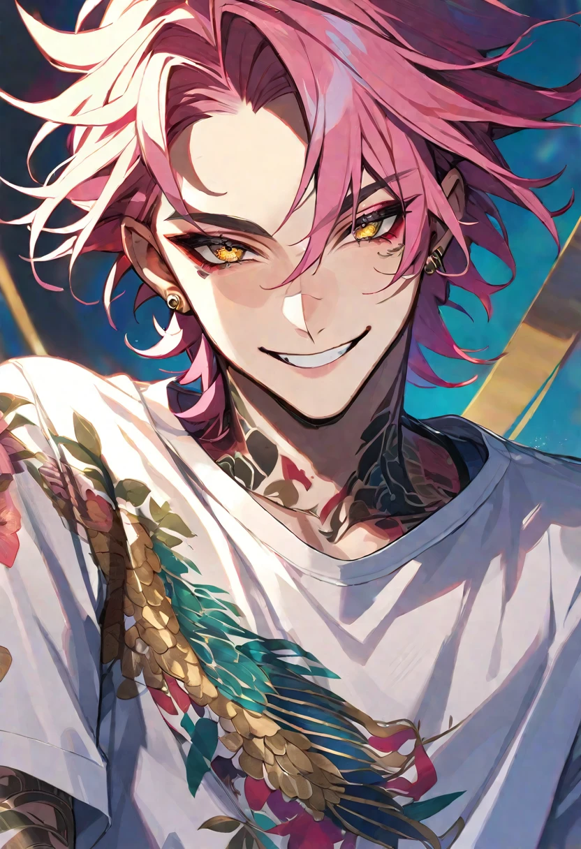 Solo, 1 male, pink hair, gold eyes, white shirt, smile facial, tattoo