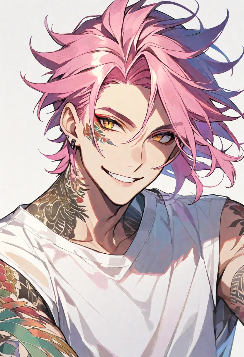 Solo, 1 male, pink hair, gold eyes, white shirt, smile facial, tattoo