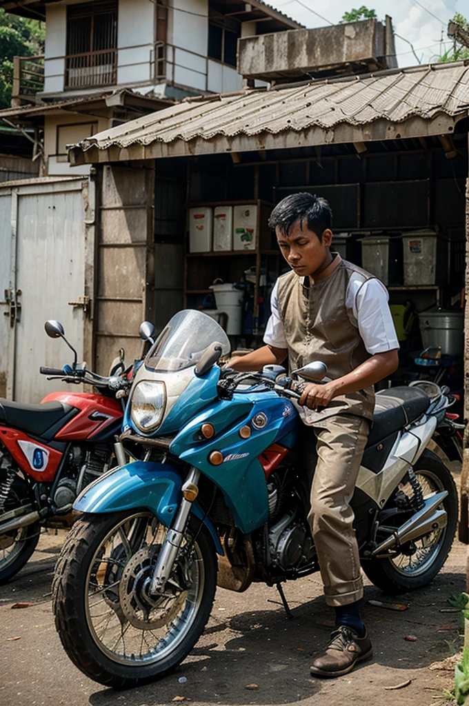 Indonesian citizen, 20 year old male wearing work uniform washing motorbikes
background of many motorbikes that want to be washed, steam motorbike banner
