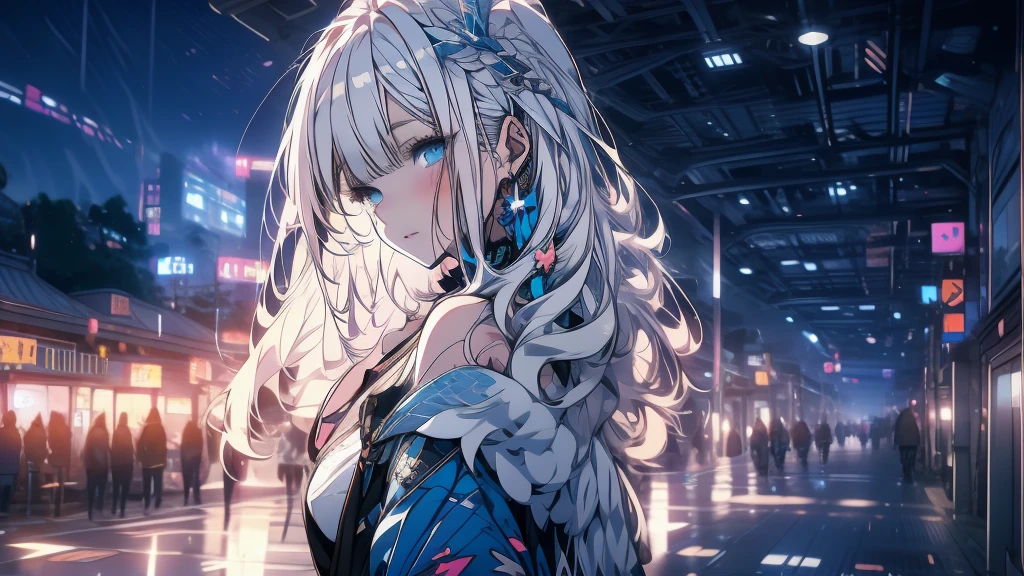 Anime girl with long white hair and blue eyes standing in front of a building., girl with white hair, 4K anime style, Perfect white hair girl, anime art wallpaper 4k, anime art wallpaper 4k, anime art wallpaper 8K, beautiful animated portrait, beautiful anime girl, 4k anime wallpaper, detailed digital anime art, anime girl portrait, Beautiful anime woman