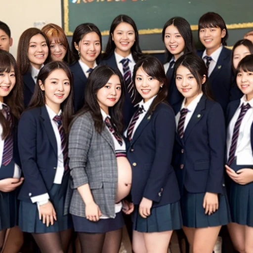 very very big pregnant midriff school blazer woman,belly button, classroom,(group photo,20 people)