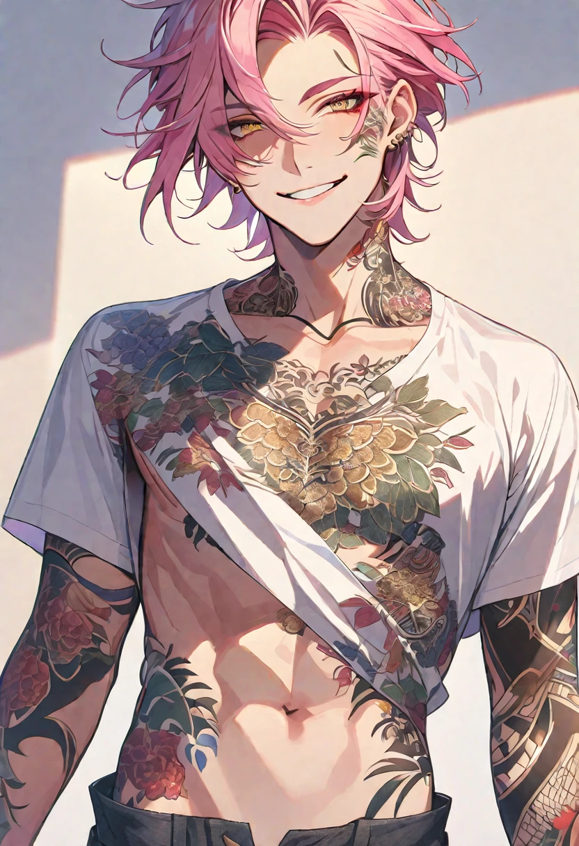 Solo, 1 male, pink hair, gold eyes, white shirt, smile facial, tattoo on stomach