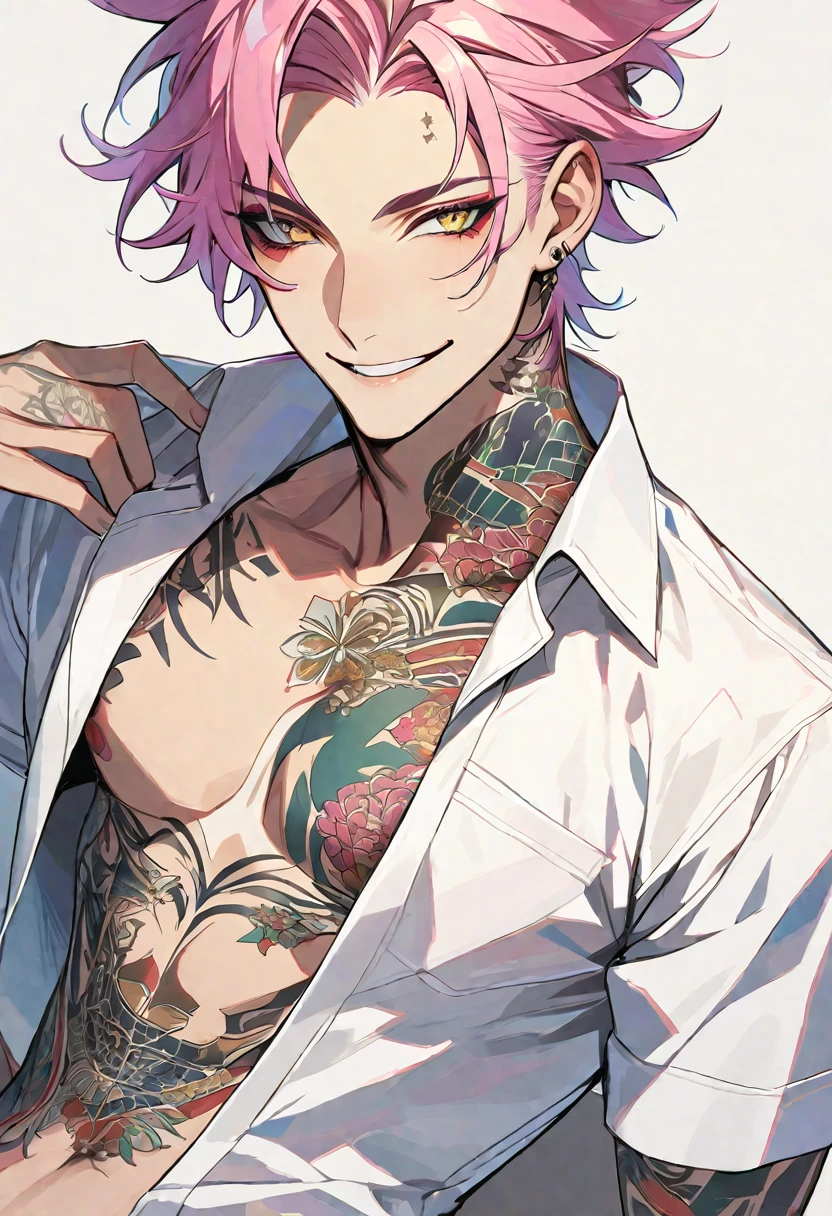 Solo, 1 male, pink hair, gold eyes, white shirt, smile facial, a single tattoo on stomach