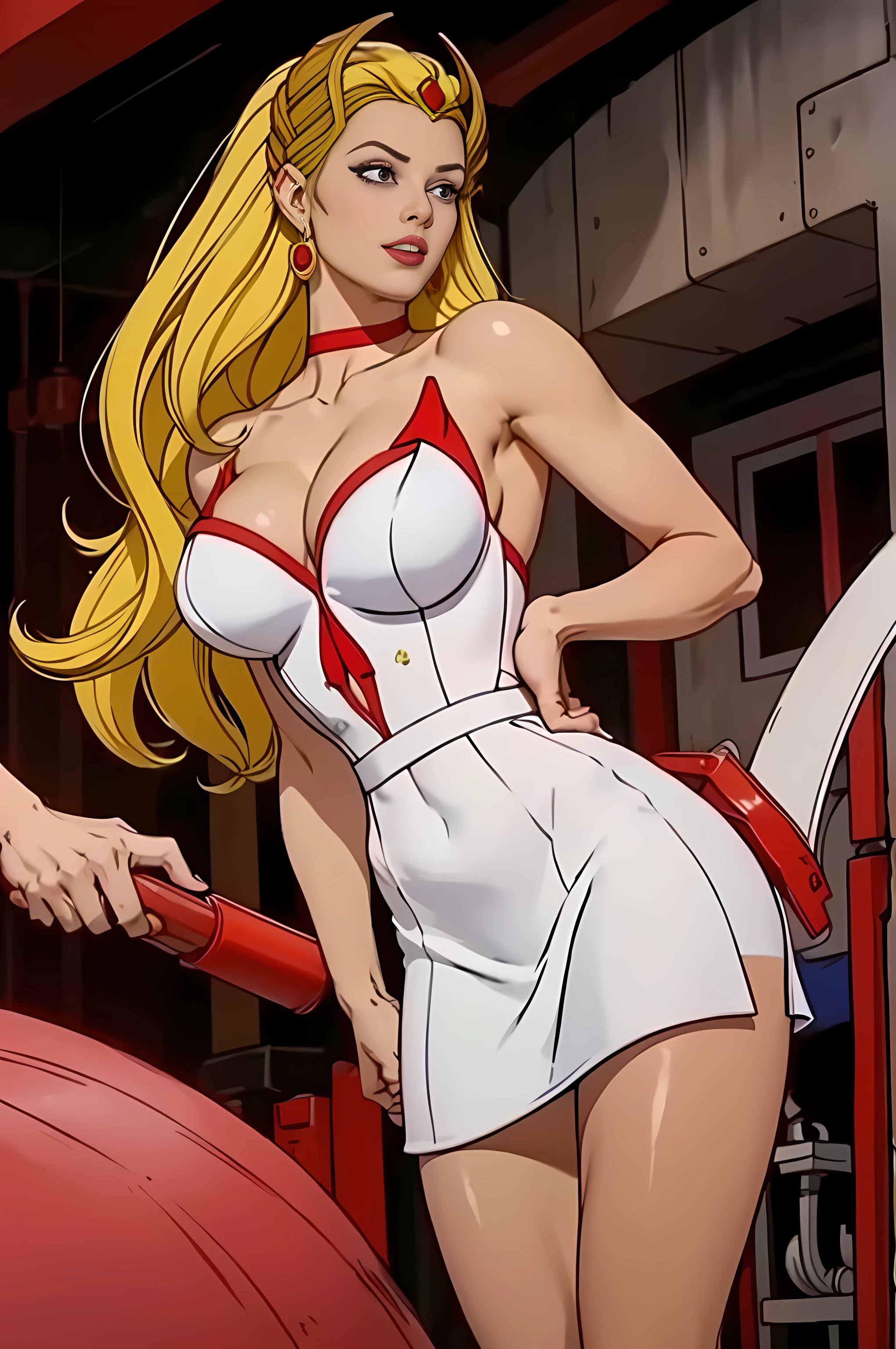 detailed photo of 1girl,
blonde, white dress, choker, she_ra, 
Dynamic pose,
smug smile, (red lingerie)

tall , (muscular body:1.3), (femenine hands:1.3),

skindentation, narrow waist, thighs,, eyeliner, eyelashes, perfect face, detailed eyes, facial lighting, cleavage, sexy

looking at viewer (masterpiece, high quality:1.2)