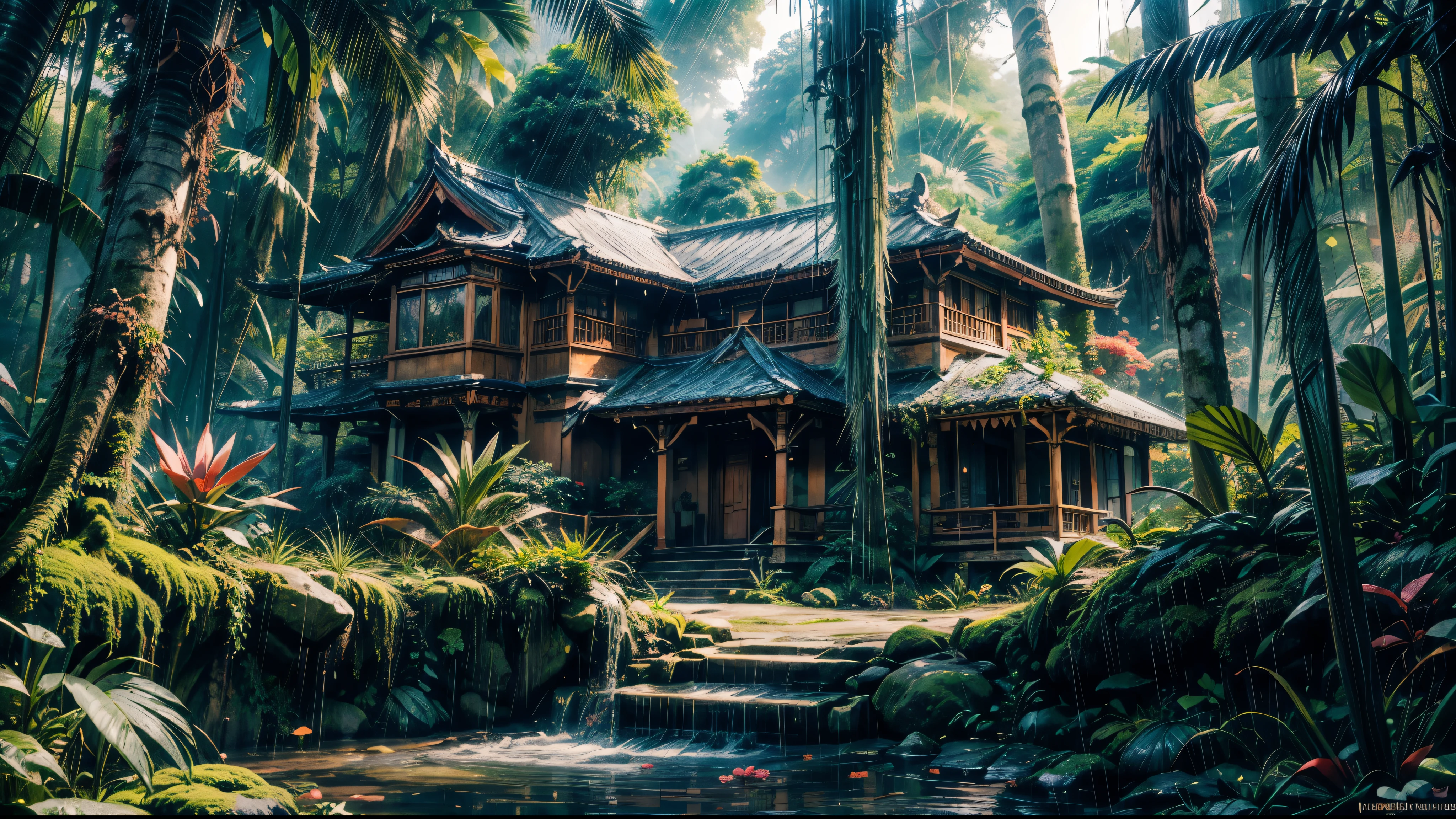 anime aestetics, anime scenery, daytime, rainforest, jungle, stone temple in the jungle, civered in moss, wines everywhere, downpour, strong, rain, mystic atmosphere, ancient structure, ttall tress, jungle plants, huge leavesm, beautifl big red jungle flowers, predator plants, perspective, atmospheric perspective, wide shot, highres, 4K, 8k, award winning, super detail, masterpiece