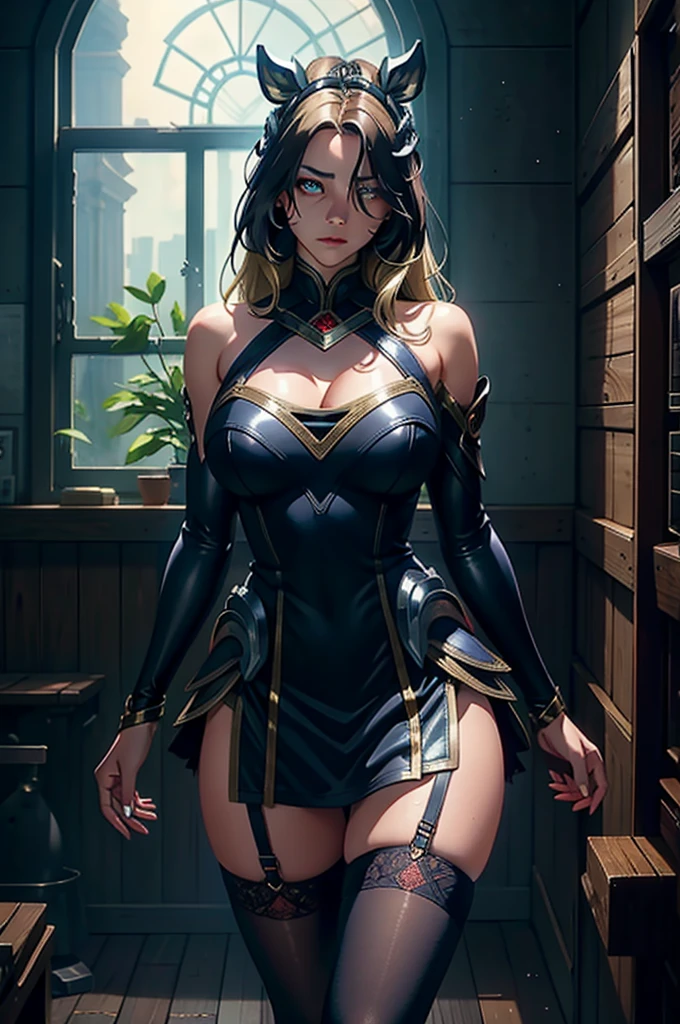 (chedevr, Best quality at its best:1.2), complex parts, Hard Ari, 1 inch girl with giant breasts, skirt, Separated sleeves, Milling, multicolored hair, blonde hair, brunette hair color, Animal ear, lace tights, Beard markings, Many-tailed, energy sector, upper body, Best quality at its best, chedevr, Ultra high resolution, (realistically:1.4), RAW-фотограф, (Authentic leather texture:1.3), (Granularity:1.3), in panoramic view, figure portrait, super wide shot, half of the body, Willow waist, cow boy shot, in the dark of the night, Deep hatching, low melody, cold light, night, in room, ray of light, dust, Dingdall effect, sad, disappointment, darkness (Expressing), empty eyes, near the window, 1 inch girl with giant breasts, beautiful detailed eyes and face, cropped shoulders, Low head, Brown eyes,