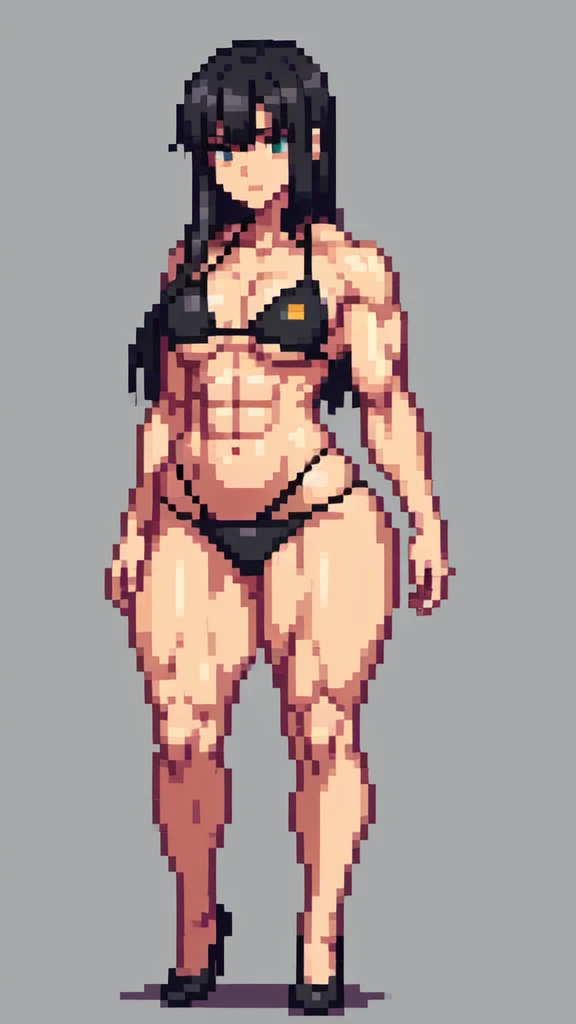 a drawing of a woman in a black bikini, muscular girl, muscular character, sci-fi, feminine and muscular, makoto, white, fubuki, (thin waist), ((curvy)), ((wide hips)), big long black hair, sexy, muscular thighs, full body