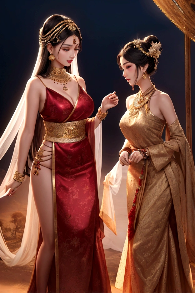 Text good night Create an image featuring two figure with a skeletal and a woman , demonic appearance, possessing glowing red eyes and intricate dark textures that suggest decay. Include another figure in traditional East Asian female attire, detailed with floral patterns and a sash around the waist. The setting is moody and atmospheric, with smoke elements enhancing the ominous vibe of the scene.Sign “ INuE”
Details:
Facial features: The women's faces are radiant and youthful, with delicate features and captivating eyes that sparkle with warmth and intelligence. Her hair is styled in a messy bun adorned with fresh flowers and secured with a gold pin, adding a touch of elegance and whimsy.
Traditional outfit: The Keng Tong Tai Khun outfit is a top tank style masterpiece of craftsmanship, featuring vibrant silks, intricate embroidery, and delicate gold embellishments. The long, flowing skirt cascades gracefully around her legs, while the fitted bodice accentuates her slender figure. A traditional headdress adds a regal touch to her ensemble.
Accessories: The women's beauty are further enhanced by a dazzling array of traditional jewelry. Bangle bracelets encircle her wrists, a statement necklace adorns their neck, and delicate earrings dangle from her ears. Each piece is intricately crafted and adds a touch of luxury to her overall look.
Bagan temples background: The ancient Bagan temples provide a breathtaking backdrop for the portrait. Their weathered brickwork and towering spires add a touch of grandeur and mystery to the scene. The warm hues of the sunrise or sunset bathe the temples in a golden glow, creating a truly magical atmosphere.