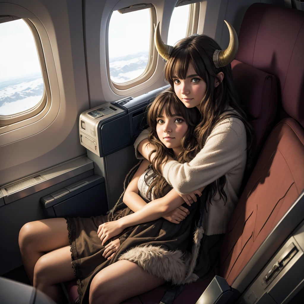 Horned shaggy creature, sitting next to a , hugs her, sitting together, on the plane by the window, A high resolution, detailing