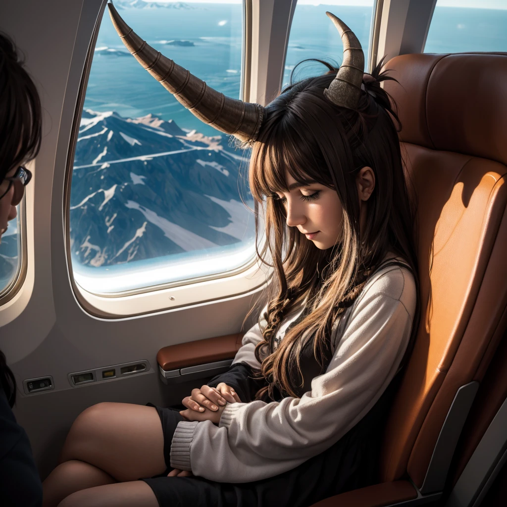 Horned shaggy creature, sitting next to a , hugs her, sitting together, on the plane by the window, A high resolution, detailing 