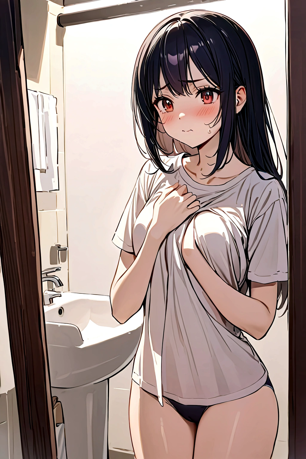 - Female college student- Long black hair,Straight Hair,Hair ends are slightly curled,Scattered on shoulders - big eyes,Black pupil,Long eyelashes - Pretty face - Fair skin - Delicate features - Slim figure,高挑
- 约165cm高
- 胸部full,Papaya shape
- 白色宽松T恤,Slightly longer hem,Covering part of the lower body - small underwear,Hidden under a T-shirt - Barefoot,Rounded Toes - Simple and Clean Restroom,White tiles,Mirror- Jiang Xiaochen standing in front of the mirror,Grab your chest with your hands,White liquid leaking from chest - Slightly red cheeks,Mild sweating,表情Awkward和nervous
- surprise和Puzzled:Eyebrows slightly wrinkled,Eyes wide open,嘴巴微张
- Awkward和nervous:Blushing cheeks,Mild sweating,Hands clasped or crossed over chest - Anxiety:Wandering eyes,Lean forward slightly,Rubbing hands nervously - chest:full,Papaya shape,White liquid spills,Liquid shimmers slightly - Expression:surprise、Puzzled、Awkward、nervous、Anxiety and other emotions alternation - body movements:Grab your chest with your hands,Cross your arms,Rubbing hands nervously - white liquid flowing effect on chest,仿佛正在滴落
- Hair ends are slightly curled的细节,Shows soft hair-delicate skin texture,Showing her youthfulness - Soft ambient light,Highlight the details and expressions of characters