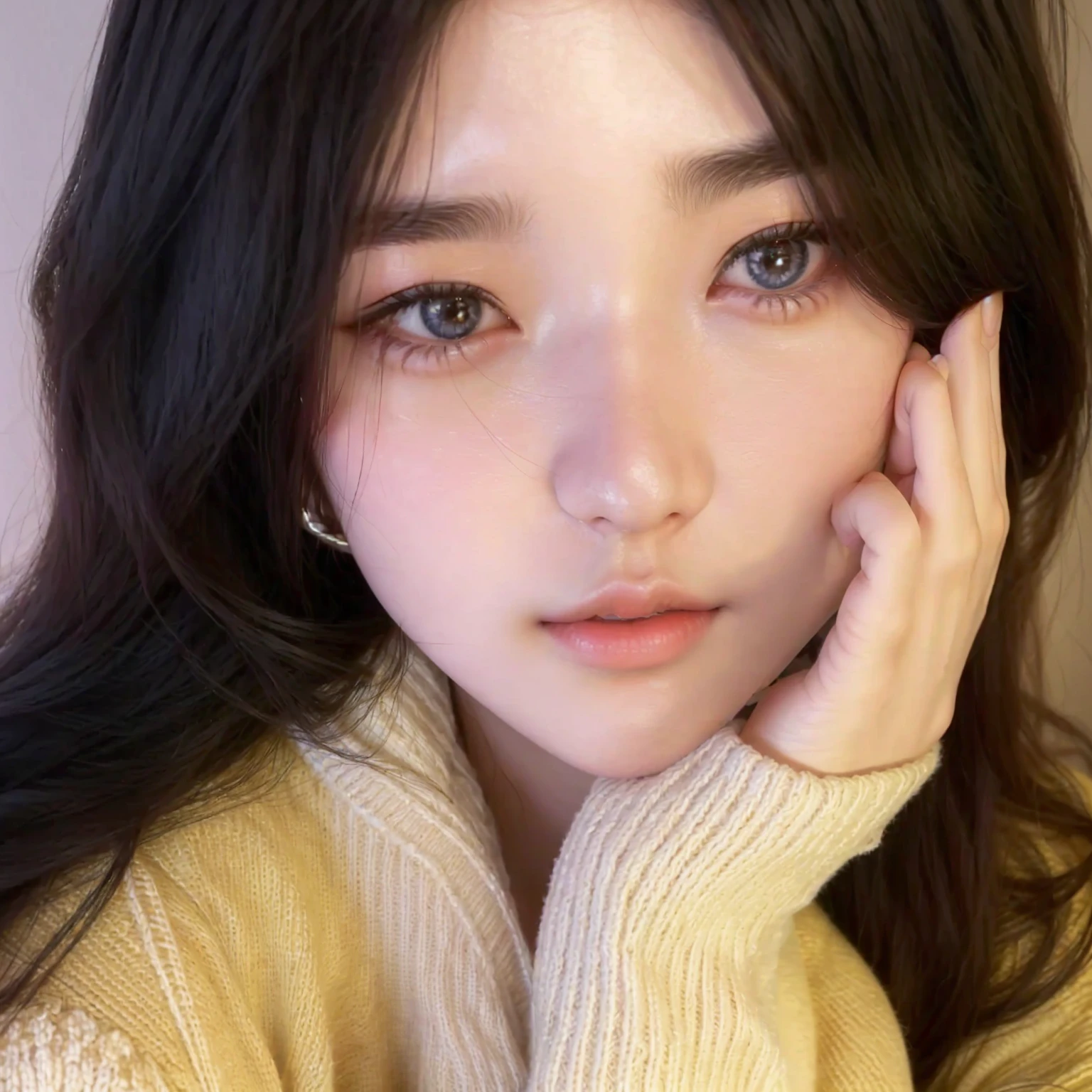 a close up of a woman with long hair and a sweater, young adorable korean face, wan adorable korean face, ulzzang, jaeyeon nam, gorgeous young korean woman, korean girl, beautiful young korean woman, beautiful south korean woman, with cute - fine - face, jinyoung shin, heonhwa choe, lee ji - eun, lee ji-eun