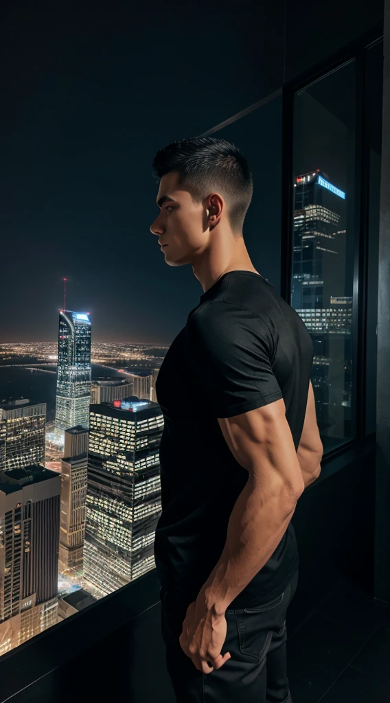 1boy, tall muscular, wearing black tshirt, standing in building, standing in dark place, looking at night city, night time, beautiful night city view, back side view