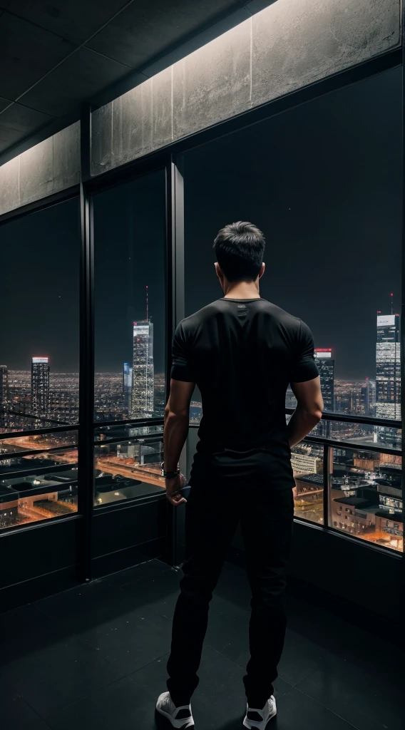 1boy, tall muscular, wearing black tshirt, standing in building, standing in dark place, looking at night city, night time, beautiful night city view, back side view