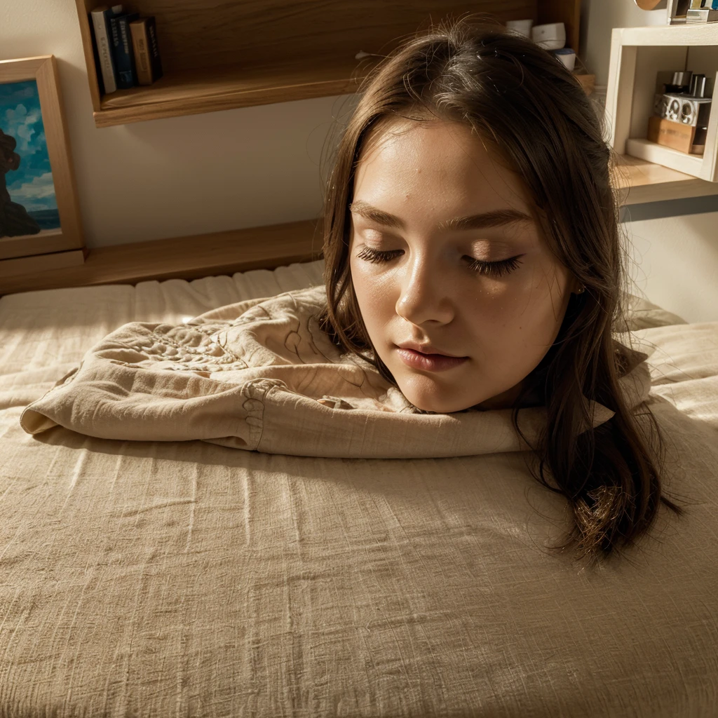 ((disembodied head on bedroom shelf)), young girl, 10yo, (masterpiece, photorealistic: 1.4), (very complex), natural light, super high definition, wearing makeup, detailed face details and skin texture, detailed lips, (eyes closed)