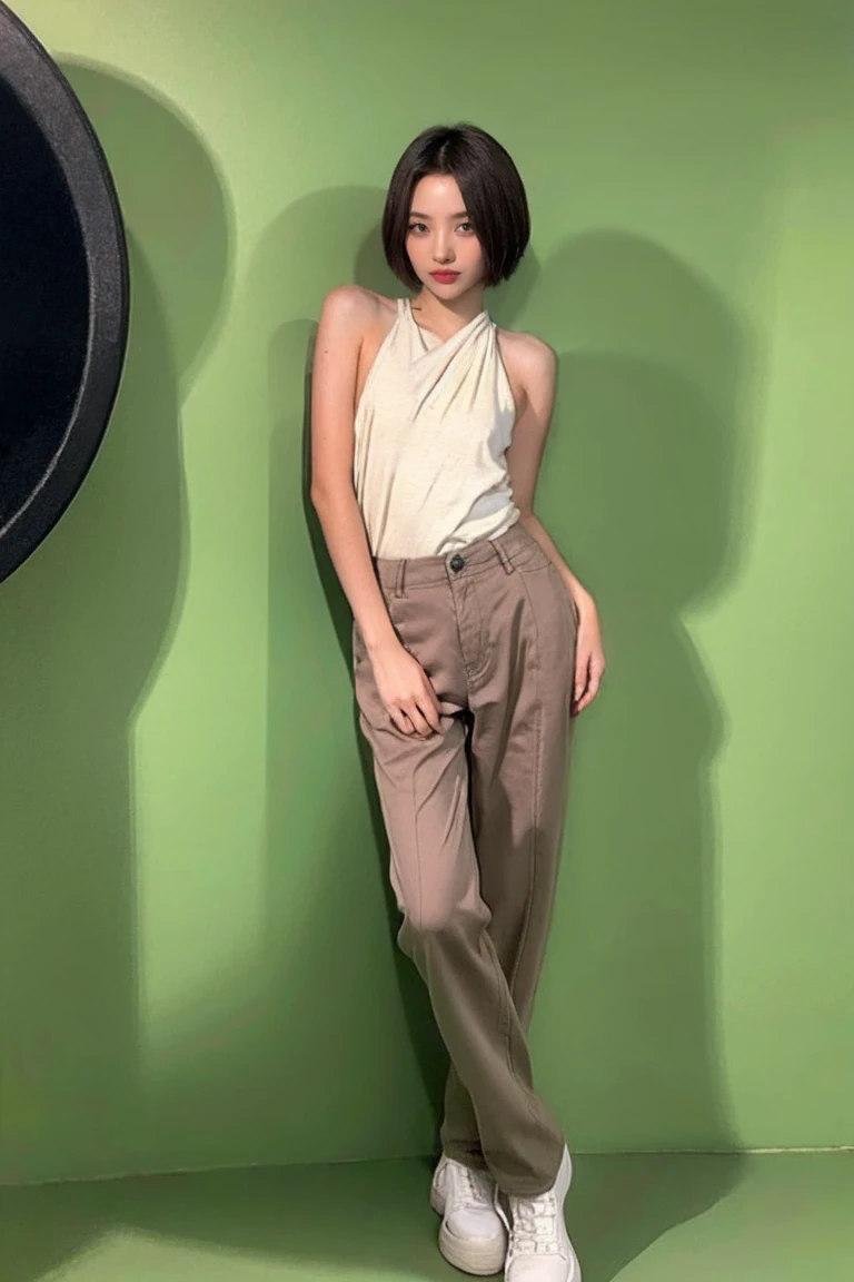 21yo girl, short hair, green background 