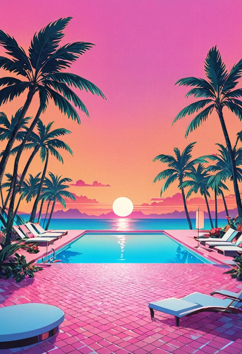 Envision an artwork deeply immersed in the vaporwave aesthetic of the 80s, inspired by Yoko Honda’s vibrant style. Picture a retro-futuristic pool and beach scene at sunset, where the sky blazes with the warm hues of an 80s summer sunset—intense oranges, pinks, and reds reflecting off the tranquil sea and pool waters. Around the pool, neon-lit palm trees and coconut trees sway gently, enhancing the tropical and surreal atmosphere. Neon lights in geometric patterns illuminate the scene, casting a dreamlike glow over everything. The background features a chic beachside bar with interiors visible through large glass windows, showcasing a room with pastel-colored walls and floors covered in luxurious terrazzo and marble textures. The overall ambiance combines nostalgic luxury with vibrant, warm color palettes, creating a scene that is both timeless and distinctly evocative of the 80s.