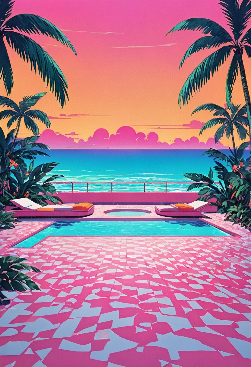 Envision an artwork deeply immersed in the vaporwave aesthetic of the 80s, inspired by Yoko Honda’s vibrant style. Picture a retro-futuristic pool and beach scene at sunset, where the sky blazes with the warm hues of an 80s summer sunset—intense oranges, pinks, and reds reflecting off the tranquil sea and pool waters. Around the pool, neon-lit palm trees and coconut trees sway gently, enhancing the tropical and surreal atmosphere. Neon lights in geometric patterns illuminate the scene, casting a dreamlike glow over everything. The background features a chic beachside bar with interiors visible through large glass windows, showcasing a room with pastel-colored walls and floors covered in luxurious terrazzo and marble textures. The overall ambiance combines nostalgic luxury with vibrant, warm color palettes, creating a scene that is both timeless and distinctly evocative of the 80s.