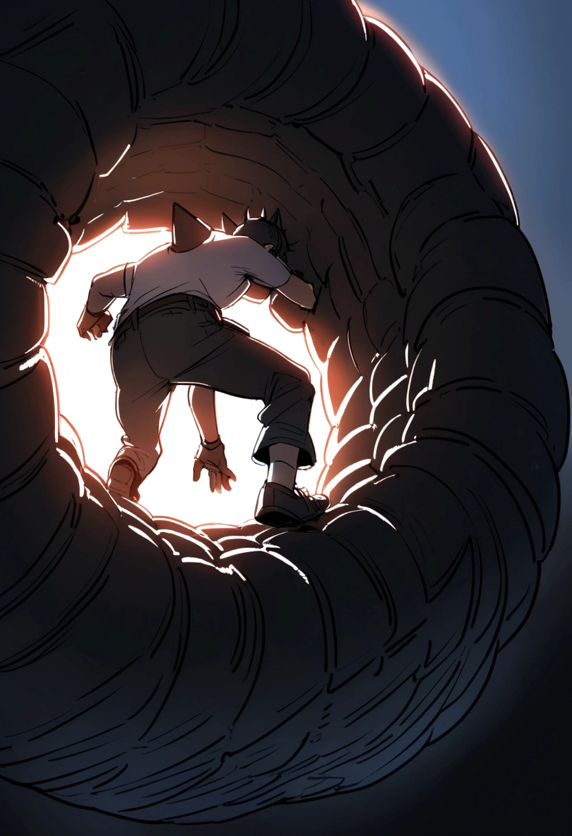 a tire with spikes around him who is climbing