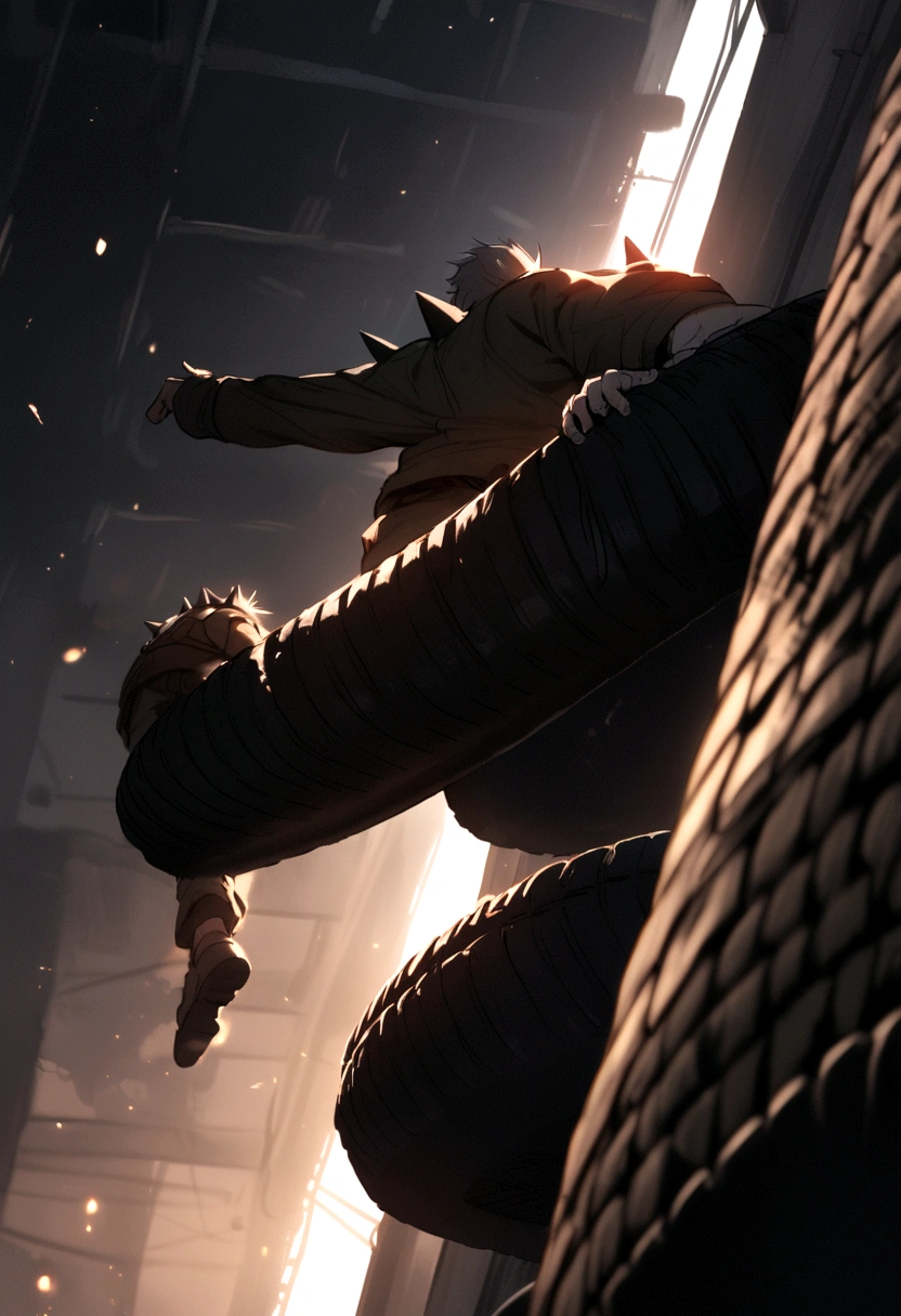 a tire with spikes around him who is climbing 