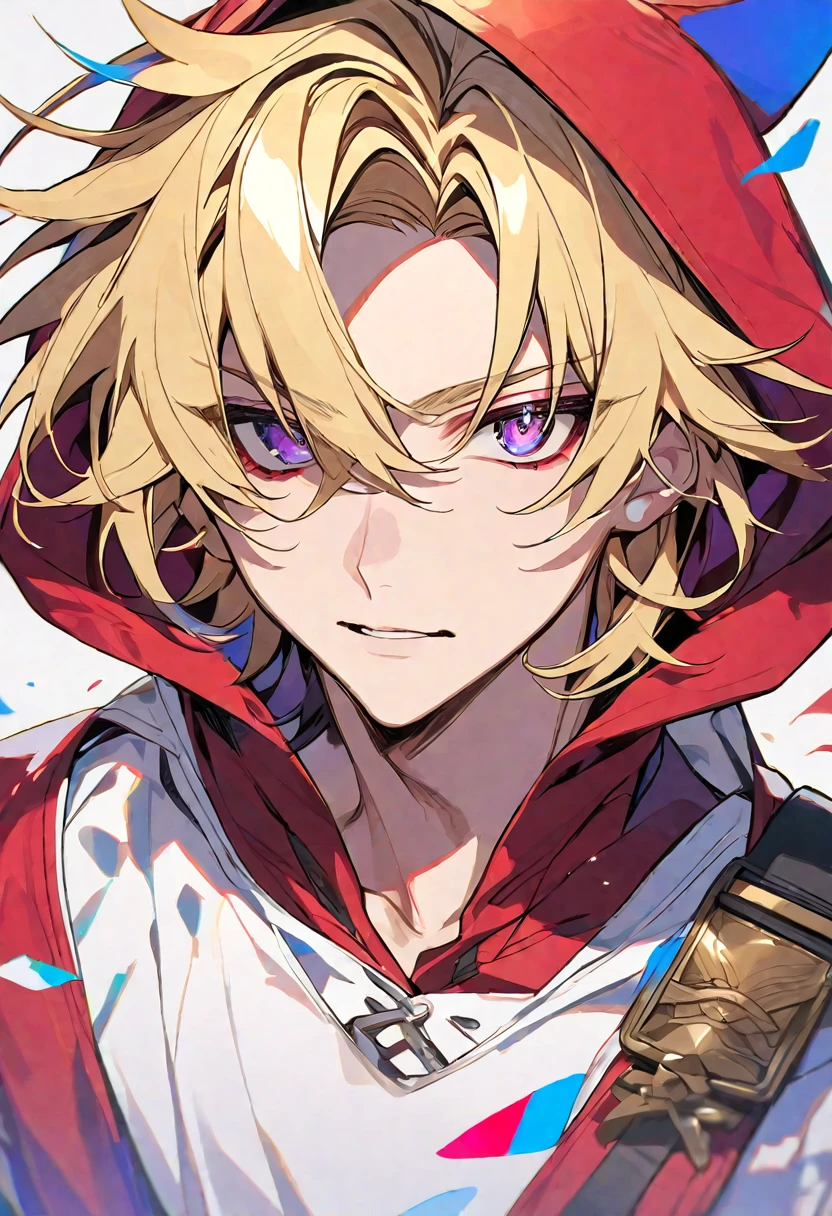 Solo, 1 male, blonde hair, violet eyes, white shirt, red and white hood