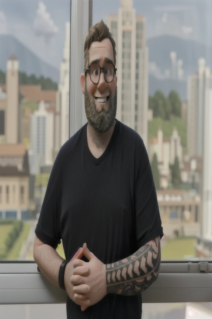 Mature adult, chubby, light hair, smiling, tattoo on left arm, wearing glasses, with beard