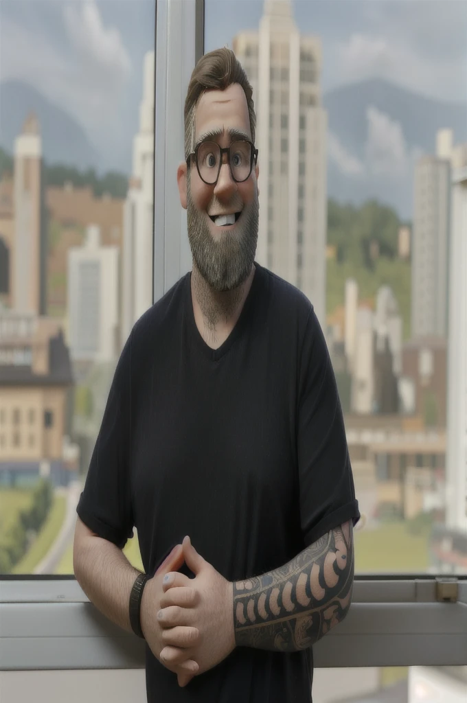 Mature adult, chubby, light hair, smiling, tattoo on left arm, wearing glasses, with beard