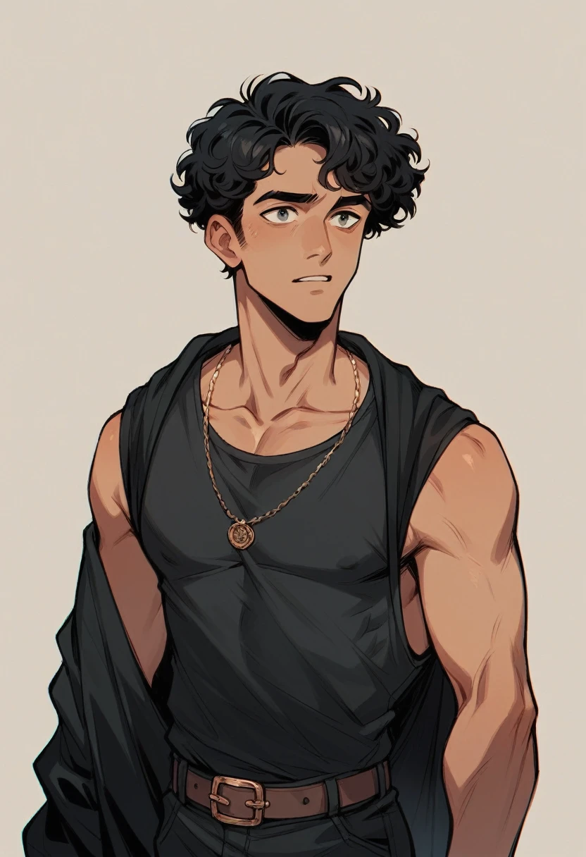 A male character, Caucasian skin, curly black hair, eyes browns, black clothing