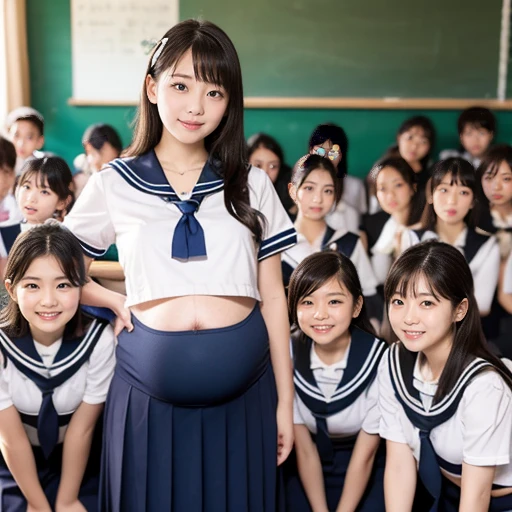 very very big pregnant midriff school sailor uniform woman,belly button, classroom,(group photo,20 people)