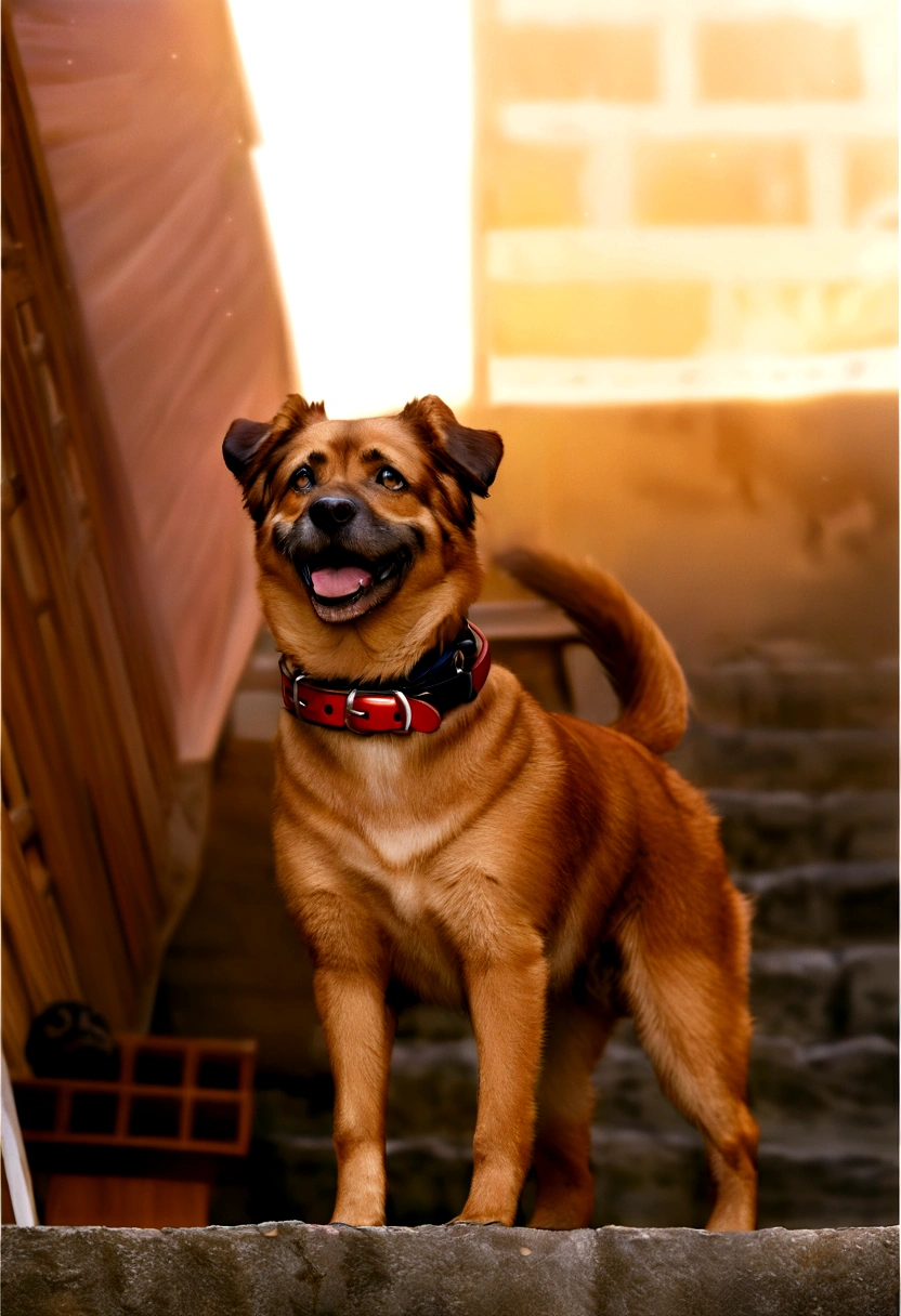 there is a dog that is standing on a ledge, Miko, looks smart, with a happy expression, misty, feature, a still happy, beautiful, Ema, do, very excited, a hyper realistic, f/2 0, very very happy! , pets, wearing a collar, staring, a wide and complete shot, very very happy, dynamic!!