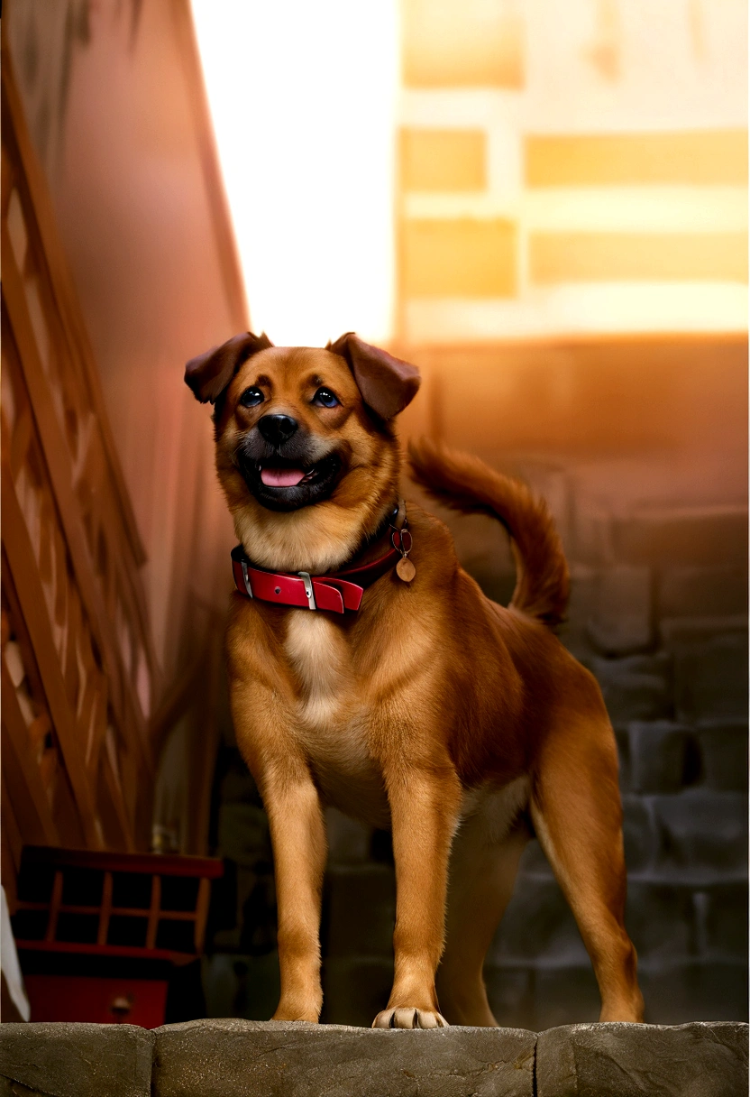 there is a dog that is standing on a ledge, Miko, looks smart, with a happy expression, misty, feature, a still happy, beautiful, Ema, do, very excited, a hyper realistic, f/2 0, very very happy! , pets, wearing a collar, staring, a wide and complete shot, very very happy, dynamic!!