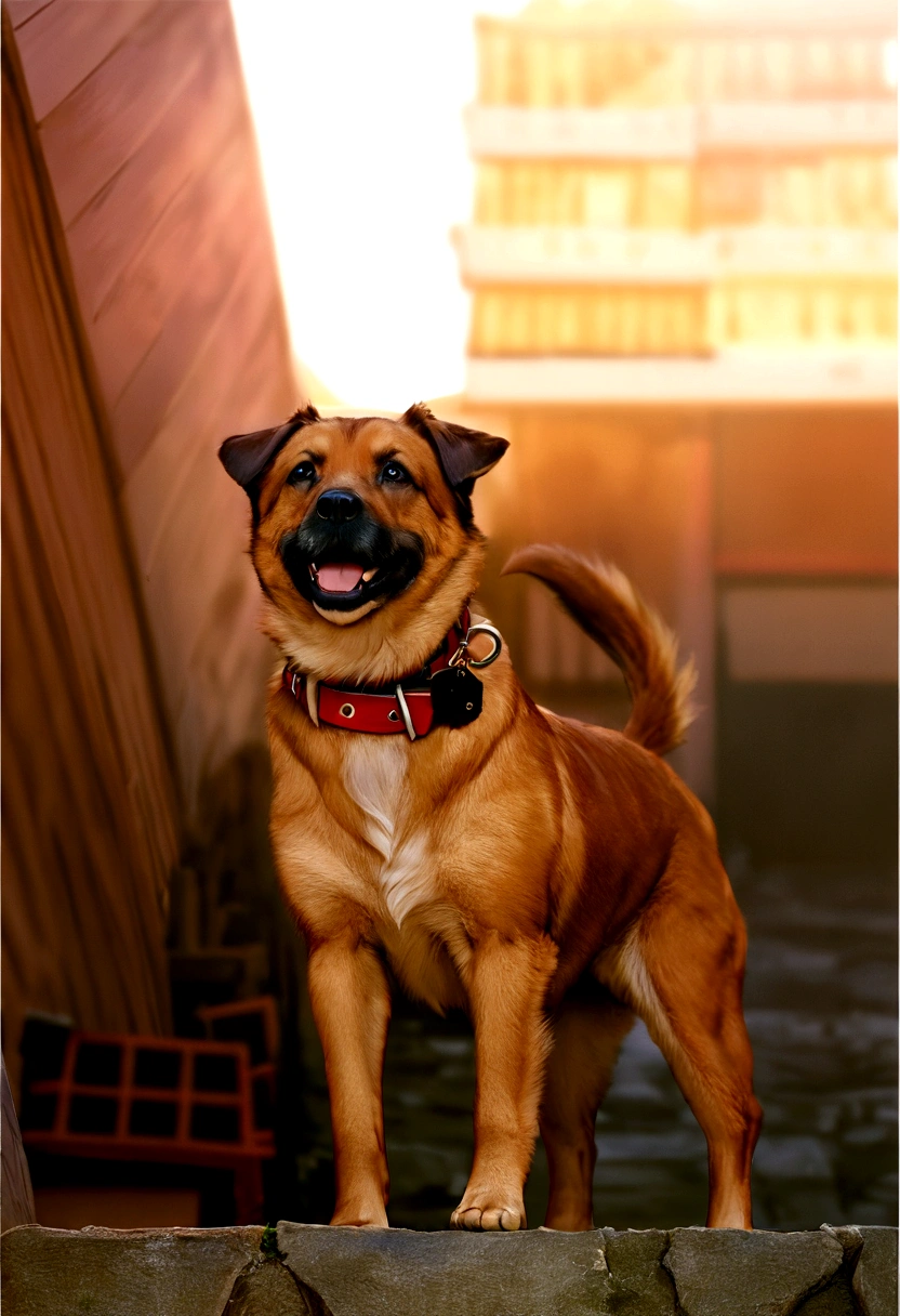 there is a dog that is standing on a ledge, Miko, looks smart, with a happy expression, misty, feature, a still happy, beautiful, Ema, do, very excited, a hyper realistic, f/2 0, very very happy! , pets, wearing a collar, staring, a wide and complete shot, very very happy, dynamic!!
