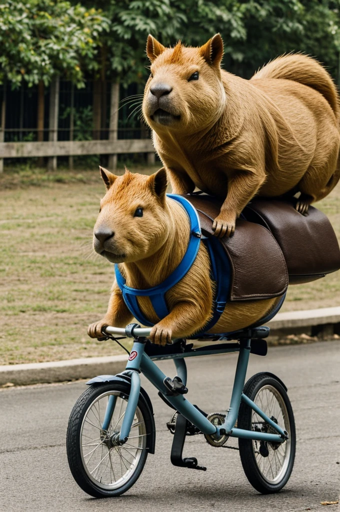 Create a capybara riding a bicycle with a helmet and uniform