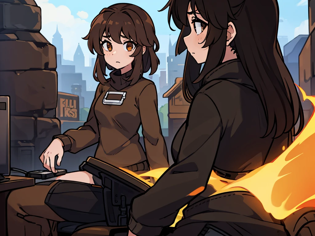 25 year old female, round brown eyes, dark brown mid back hair, heatset gamer