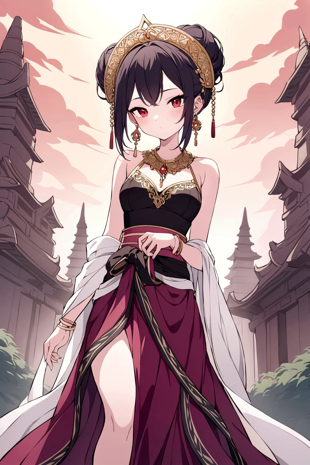 Text good night Create an image featuring two figure with a skeletal and a woman , demonic appearance, possessing glowing red eyes and intricate dark textures that suggest decay. Include ther figure in traditional East Asian female attire, detailed with floral patterns and a sash around the waist. The setting is moody and atmospheric, with smoke elements enhancing the ominous vibe of the scene.Sign “ INuE”
Details:
Facial features: The women's faces are radiant and youthful, with delicate features and captivating eyes that sparkle with warmth and intelligence. Her hair is styled in a messy bun adorned with fresh flowers and secured with a gold pin, adding a touch of elegance and whimsy.
Traditional outfit: The Keng Tong Tai Khun outfit is a top tank style masterpiece of craftsmanship, featuring vibrant silks, intricate embroidery, and delicate gold embellishments. The long, flowing skirt cascades gracefully around her legs, while the fitted bodice accentuates her slender figure. A traditional headdress adds a regal touch to her ensemble.
Accessories: The women's beauty are further enhanced by a dazzling array of traditional jewelry. Bangle bracelets encircle her wrists, a statement necklace adorns their neck, and delicate earrings dangle from her ears. Each piece is intricately crafted and adds a touch of luxury to her overall look.
Bagan temples background: The ancient Bagan temples provide a breathtaking backdrop for the portrait. Their weathered brickwork and towering spires add a touch of grandeur and mystery to the scene. The warm hues of the sunrise or sunset bathe the temples in a golden glow, creating a truly magical atmosphere.