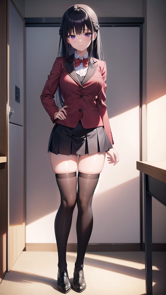 suzunehorikita, suzune horikita, black hair, braid, long hair, (purple eyes:1.1),
BREAK advanced nurturing high , black thighhighs, blazer, bow, bowtie, buttons, jacket, long sleeves, pleated skirt, , thighhighs, white skirt, zettai ryouiki, (red blazer:1.5),
BREAK looking at viewer, full body,
BREAK indoors, classroom,school,soft lights,
BREAK (masterpiece:1.2), best quality, high resolution, unity 8k wallpaper, (illustration:0.8), (beautiful detailed eyes:1.6), extremely detailed face, perfect lighting, extremely detailed CG, (perfect hands, perfect anatomy),