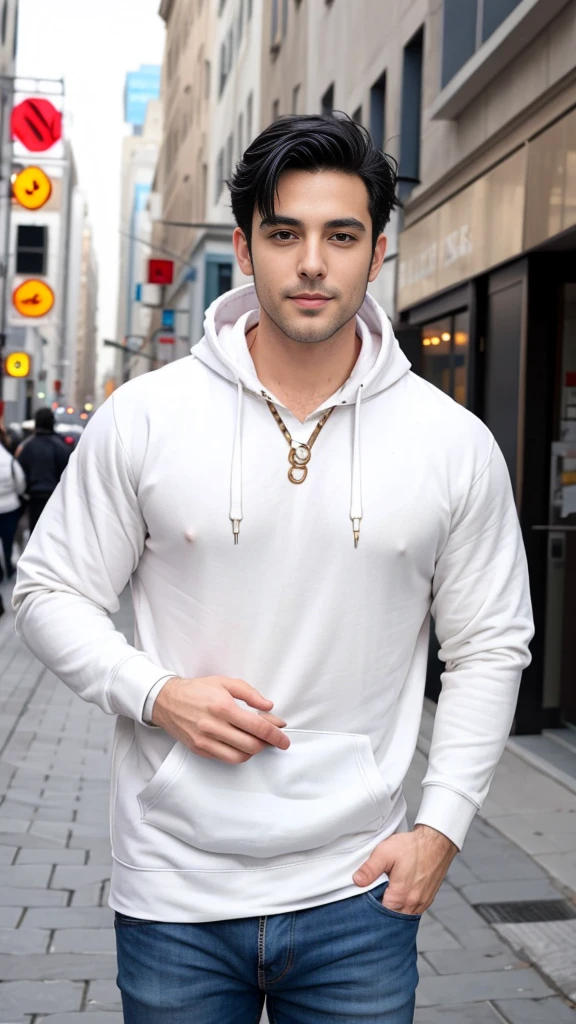 A sexy man wearing a hoodie, handsome face,black hair, penis, homoerotic, nsfw , in middle of a street 
