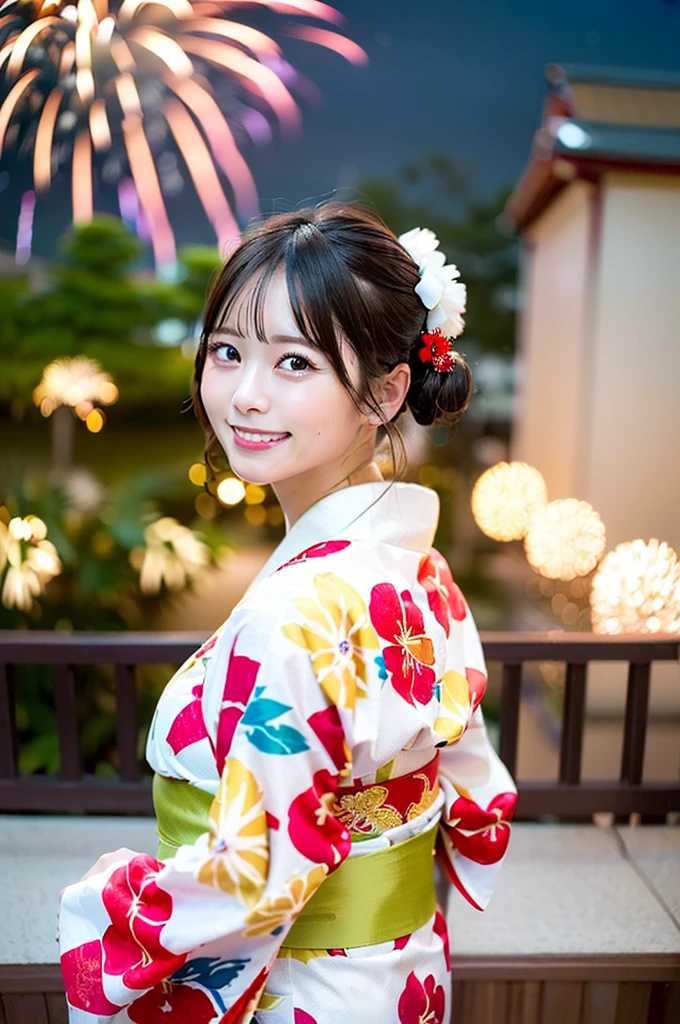 ((Highest quality, 8K, masterpiece: 1.3)),RAW Photos,Realistic atmosphere,Lens flare, Ray Tracing,(Detailed beautiful white skin:1.3),Beautiful Japanese, High-resolution face,shiny light brown hair,Bun Hair,Red and gold hair ornament,(Watching the fireworks wearing a floral yukata:1.2),Huge fireworks,(White yukata with sleeves:1.2),((Wrinkled Heko Obi:1.3)),((Looking back with an innocent smile:1.3)),Blurred grand fireworks,(Many colorful fireworks:1.2)Star Mine,Fireworks across the sky,Large fireworks