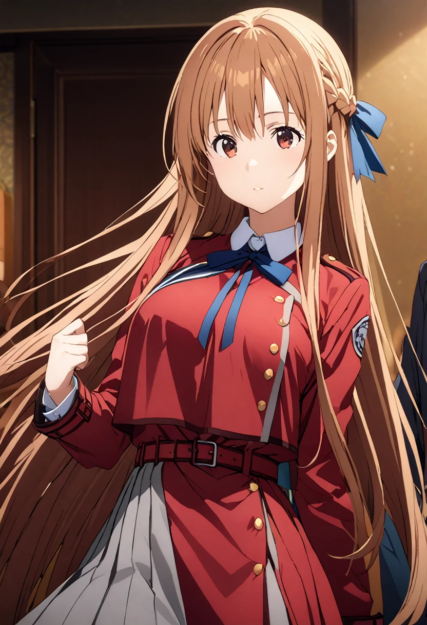 Highest quality、Super detailed、High resolution illustrations、Ultra-high-definition CG、８k size wallpaper、Production Art、Light novel illustrations、asuna yuuki, long hair, bangs, brown hair, brown eyes, very long hair, braid,, shirt, long sleeves, dress, ribbon, white shirt, collared shirt, belt, neck ribbon, red dress, blue ribbon, pleated dress, grey dress, two-tone dress, Red belt, lycoris uniform, Ready your gun?