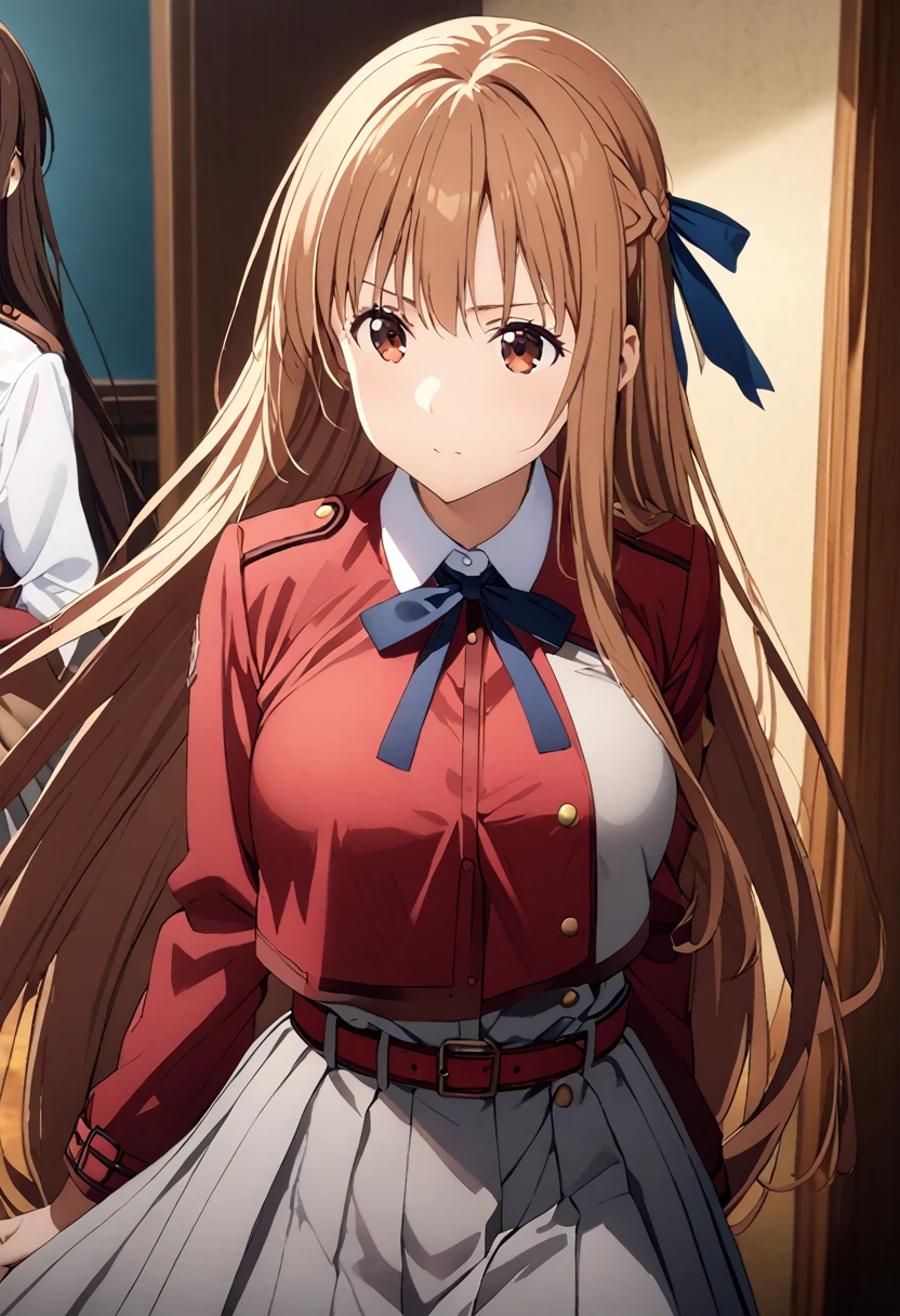 Highest quality、Super detailed、High resolution illustrations、Ultra-high-definition CG、８k size wallpaper、Production Art、Light novel illustrations、asuna yuuki, long hair, bangs, brown hair, brown eyes, very long hair, braid,, shirt, long sleeves, dress, ribbon, white shirt, collared shirt, belt, neck ribbon, red dress, blue ribbon, pleated dress, grey dress, two-tone dress, Red belt, lycoris uniform, Ready your gun?