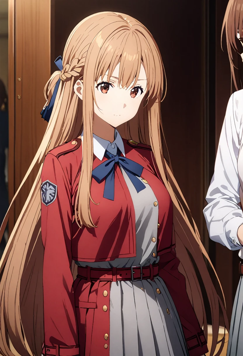 Highest quality、Super detailed、High resolution illustrations、Ultra-high-definition CG、8k size wallpaper、Production Art、Light novel illustrations、asuna yuuki, long hair, bangs, brown hair, brown eyes, very long hair, braid,, shirt, long sleeves, dress, ribbon, white shirt, collared shirt, belt, neck ribbon, red dress, blue ribbon, pleated dress, grey dress, two-tone dress, Red belt, lycoris uniform, Ready your gun?