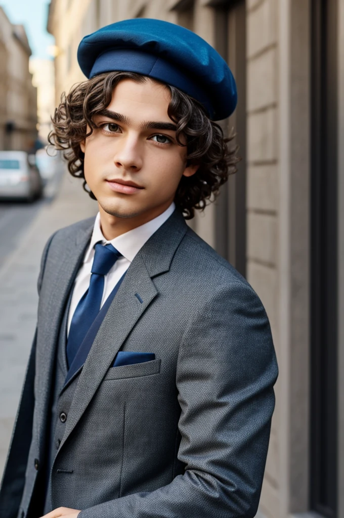 Create a boy who has wavy hair ,light eyes with a suit and a beret